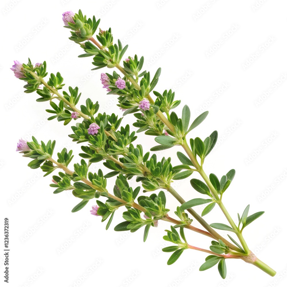 thyme sprig (Thymus vulgaris) isolated on a pure white background. the tiny green leaves and woody stem, with fine details like small flowers thyme sprig (Thymus vulgaris) isolated on a pure white background. the tiny green leaves and woody stem, with fine details like small flowers