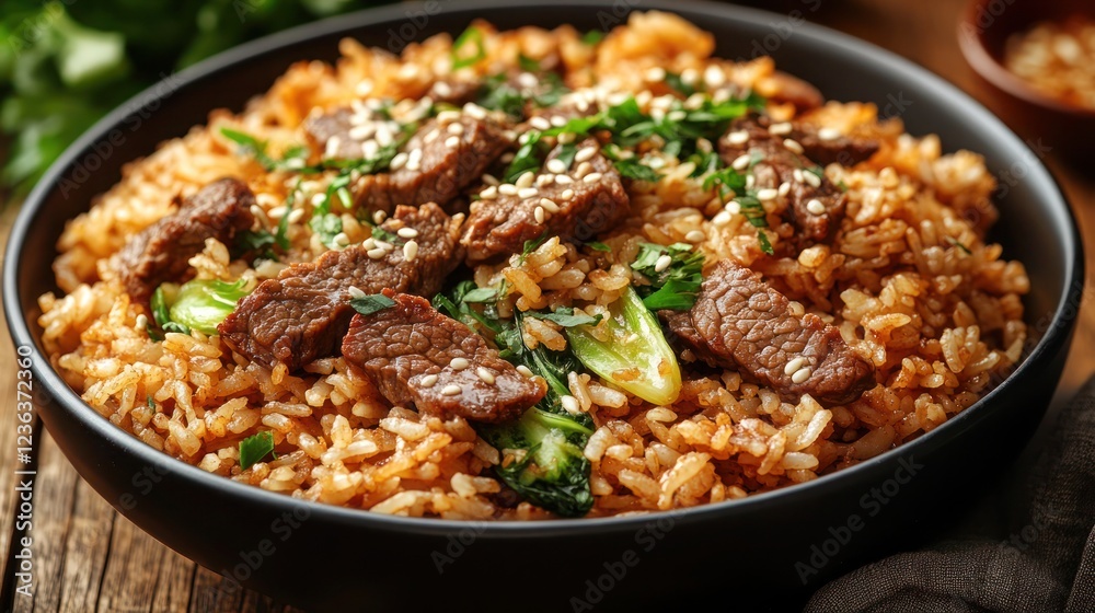 a serving of beef fried rice garnished with sesame seeds a serving of beef fried rice garnished with sesame seeds