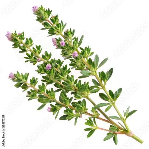 thyme sprig (Thymus vulgaris) isolated on a pure white background. the tiny green leaves and woody stem, with fine details like small flowers 