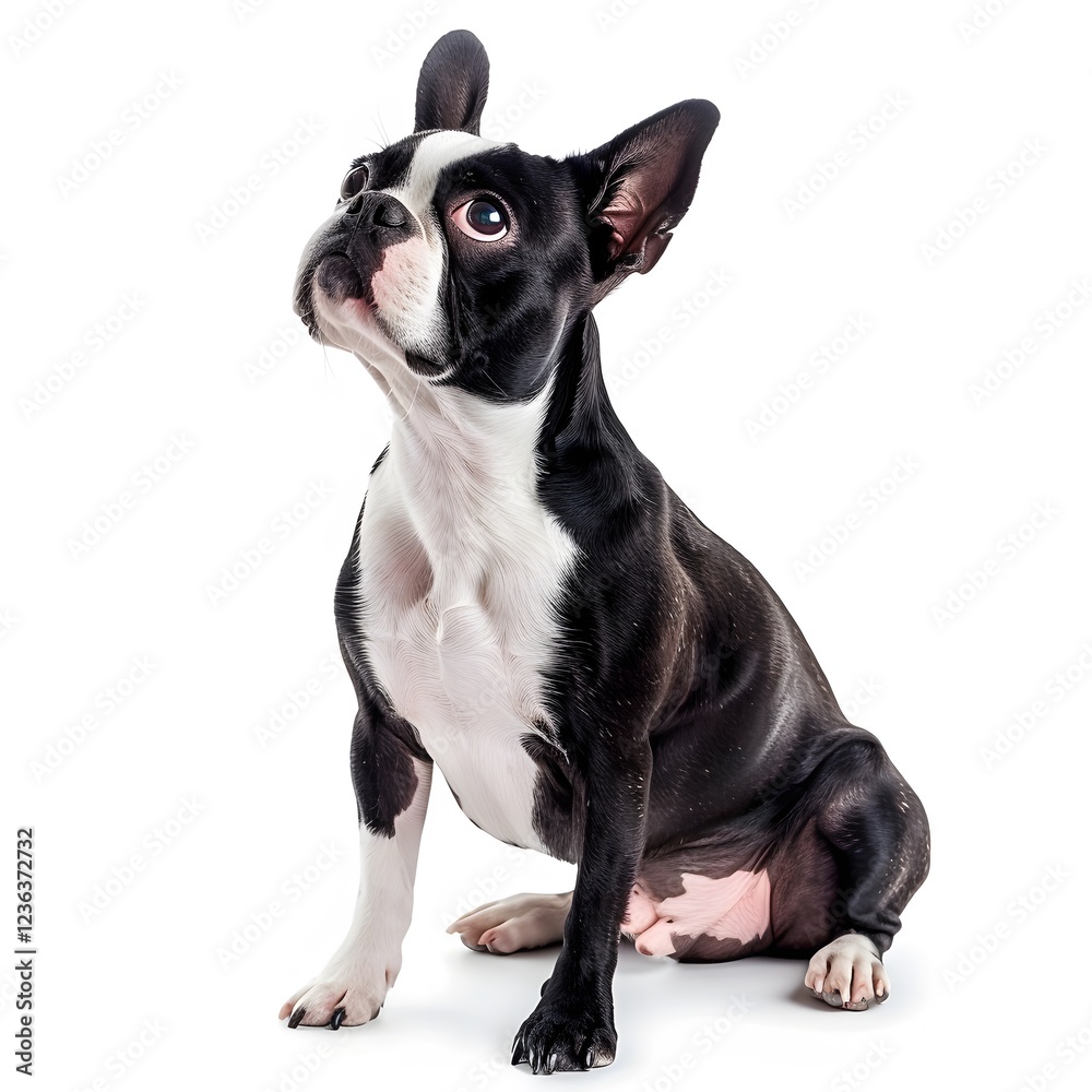 Cute Boston Terrier Sitting Proudly with Striking Black and White Coat Cute Boston Terrier Sitting Proudly with Striking Black and White Coat