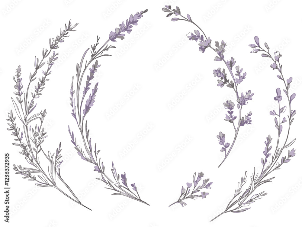 Fototapeta premium Wedding invitation wildflowers, lavender calligraphic wreath, rustic feminine botanical branches for save the date card design