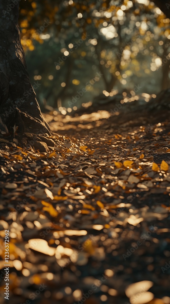 Autumn forest with fallen leaves on the ground in sunlight. Beautiful autumn nature background. Autumn landscape. Sun shining through the trees Autumn forest with fallen leaves on the ground in sunlight. Beautiful autumn nature background. Autumn landscape. Sun shining through the trees