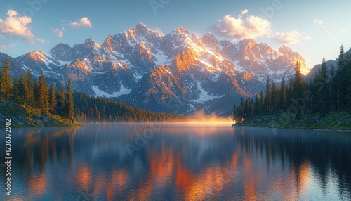 Majestic Mountain Range Reflecting in Calm Lake at Sunrise