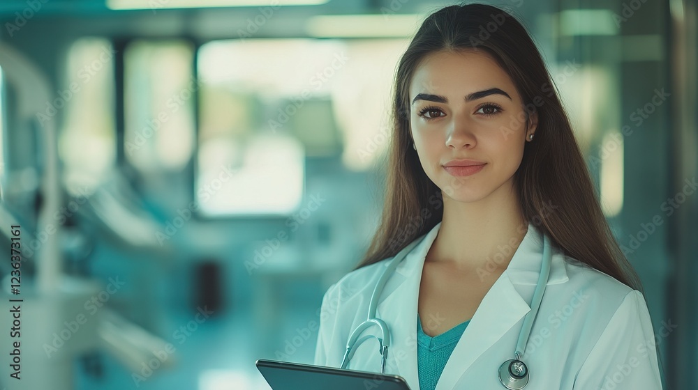 Fototapeta premium Confident young female doctor with stethoscope in modern hospital setting