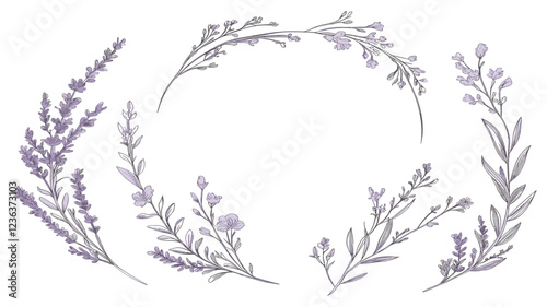 Feminine lavender wreath with wildflowers and graceful branches, rustic botanical design elements for wedding invitation save the date card