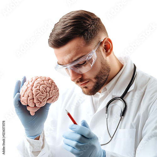 Doctor Examining Brain in Lab Isolated Against a Transparent Background for Medical Research, Healthcare Posters, or Science Illustrations photo