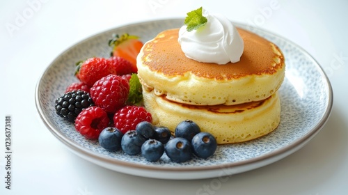 Fluffy Japanese Soufflé Pancakes served with berries and cream 
