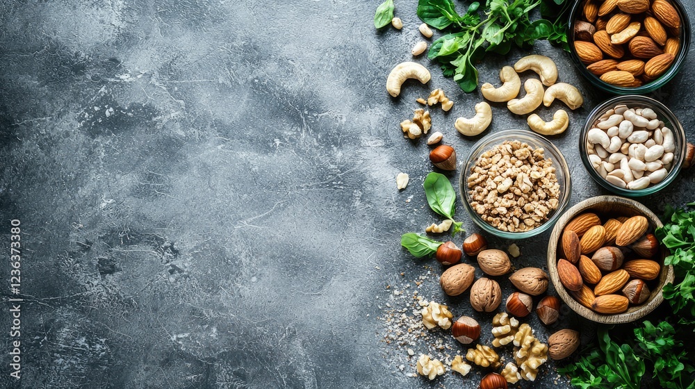 A variety of nuts, including almonds, cashews, and hazelnuts, scattered across a table. A variety of nuts, including almonds, cashews, and hazelnuts, scattered across a table.