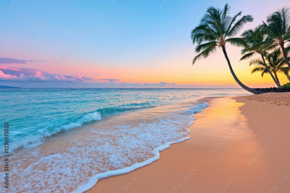 Tranquil Beach Scene with Lush Palm Trees Framing the Turquoise Ocean Waves and Soft Sand Underneath a Bright Blue Sky on a Sunny Day Tranquil Beach Scene with Lush Palm Trees Framing the Turquoise Ocean Waves and Soft Sand Underneath a Bright Blue Sky on a Sunny Day