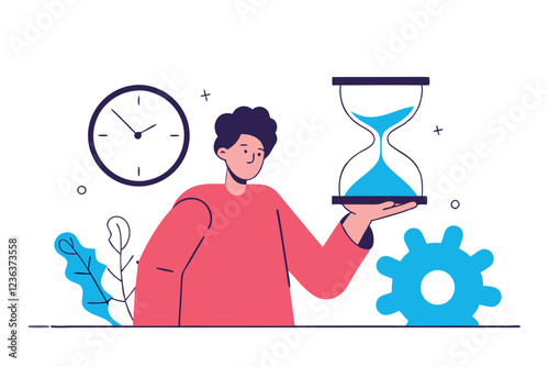 Young man holding hourglasses. Effective work scheduling concept. Vector illustration