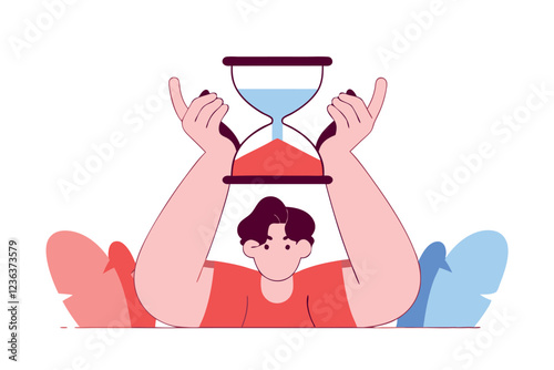 Young man holding hourglasses. Time management concept. Concept of productivity and efficiency