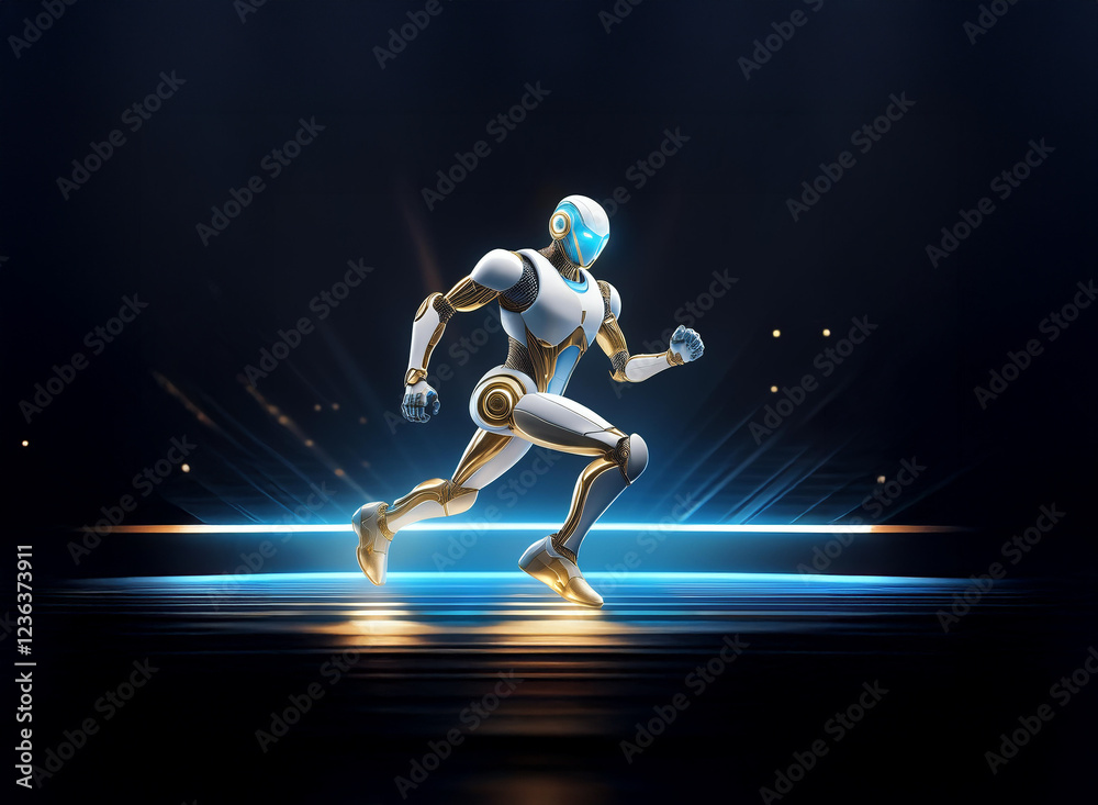 Fototapeta premium A futuristic robot, sleek and white with gold accents, runs dynamically across a glowing, circular platform. The scene is dark and dramatic, emphasizing the robot's speed and advanced design.