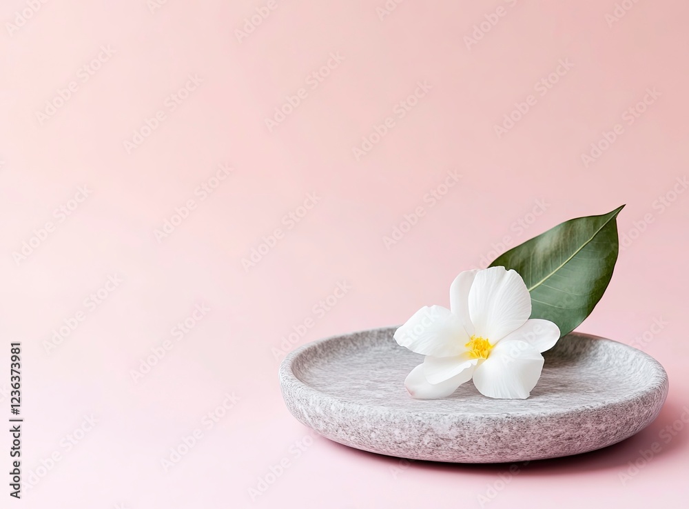 Minimalist plain pink background for product presentation with a stone platform and a white flower, with copy space concept. 