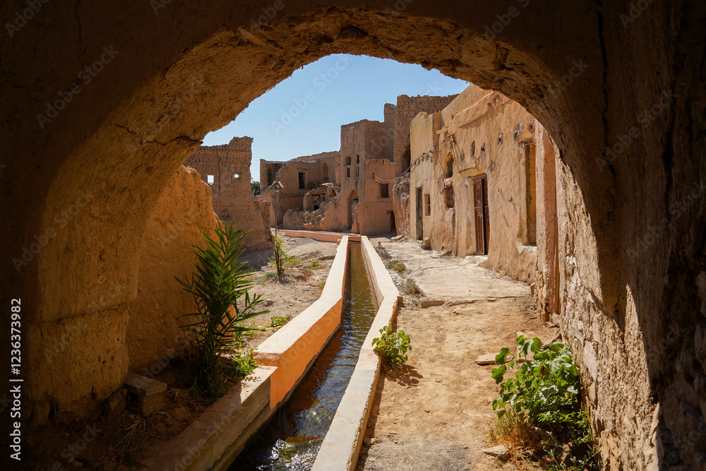 Mud village Harat As Sibani with aflaj irrigation system, popular tourist site in Oman near Nizwa