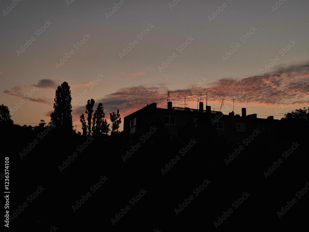 Silhouettes of a small neighborhood at dusk Silhouettes of a small neighborhood at dusk