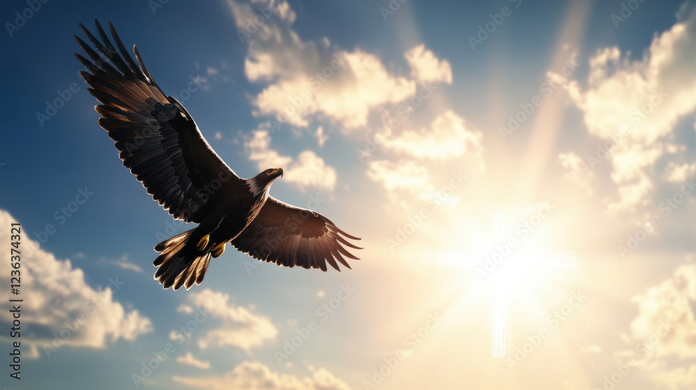 Obraz premium majestic eagle soaring through sky, wings spread wide against backdrop of clouds and sunlight, symbolizes freedom and strength