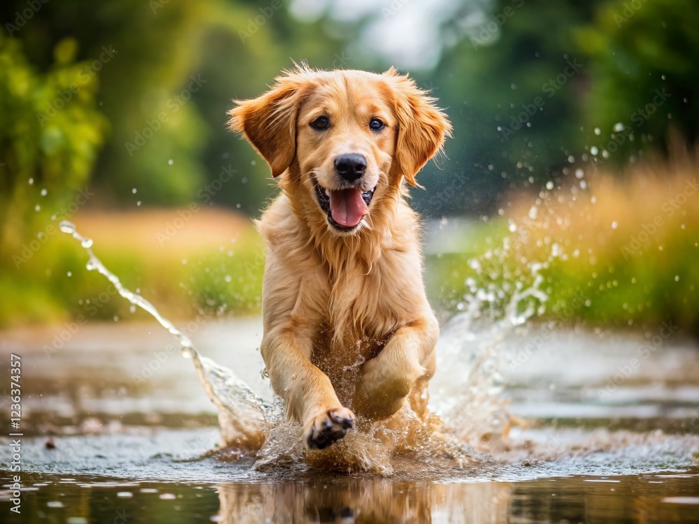 Golden Retriever Puppy Playing in Rainy Puddle - Happy Dog Outdoors Golden Retriever Puppy Playing in Rainy Puddle - Happy Dog Outdoors