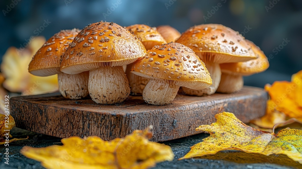 Autumn mushrooms harvest on wooden board, fall leaves background Autumn mushrooms harvest on wooden board, fall leaves background