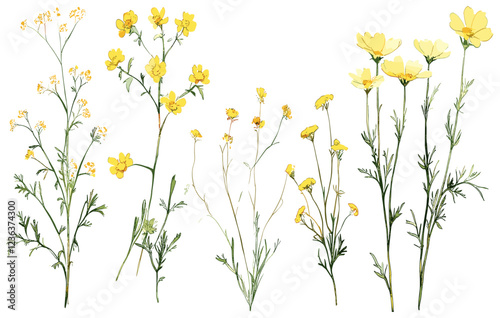 Hand drawn watercolor meadow flowers clipart, yellow tansy, buttercup, rapunzel, and white stellaria holostea isolated on white.