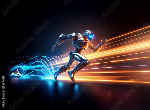 A futuristic robot, sleek and metallic, sprints forward leaving glowing trails of light.  Its speed is depicted by dynamic light streaks, suggesting immense power and velocity.