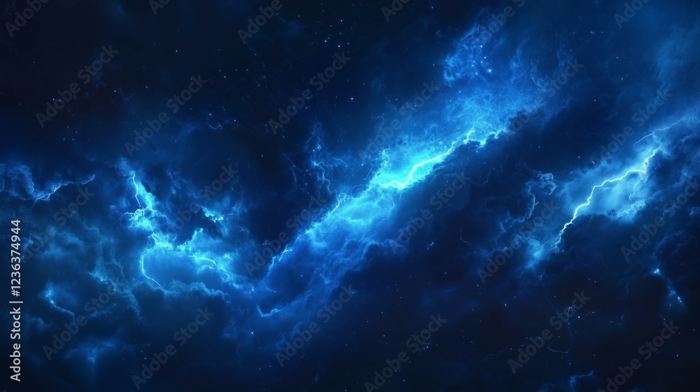 Fototapeta premium Lightning background, thunder and lightning on a dark blue sky. Blue electric flashes of light in the night sky