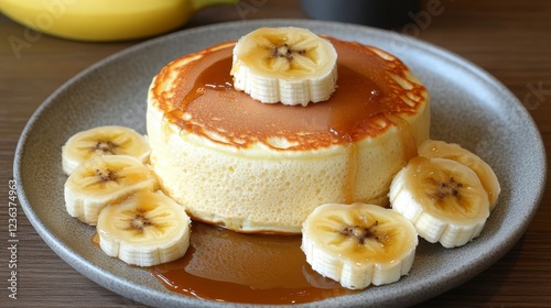 Fluffy Japanese Soufflé Pancakes served with banana slices and caramel