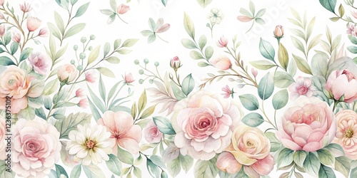 Delicate watercolor floral pattern with soft petals and leaves in pastel shades , watercolor, floral