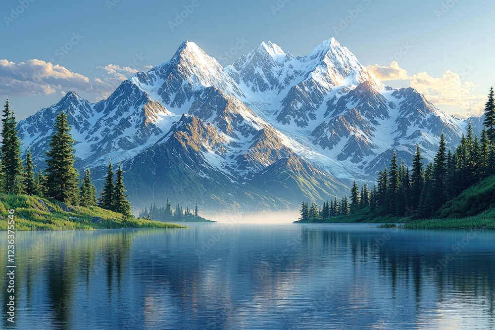 Majestic snow capped mountains reflected in a tranquil lake Majestic snow capped mountains reflected in a tranquil lake