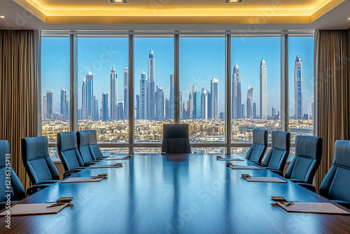 Modern corporate boardroom with panoramic city skyline view, professional business meeting space in high-rise office