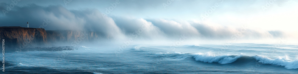 Obraz premium Majestic coastal landscape with lighthouse and rolling waves