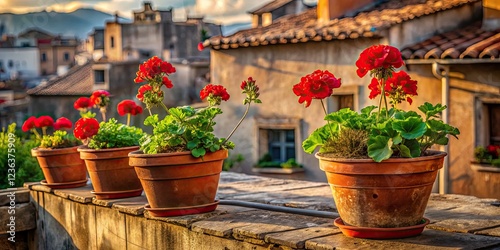 Red geraniums burst onto a rooftop, vibrant urban exploration photography.