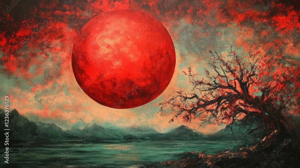 A Surreal Landscape Painting Featuring A Large Red Orb, A Barren Tree, And A Tranquil Lake Under An Ominous Sky.