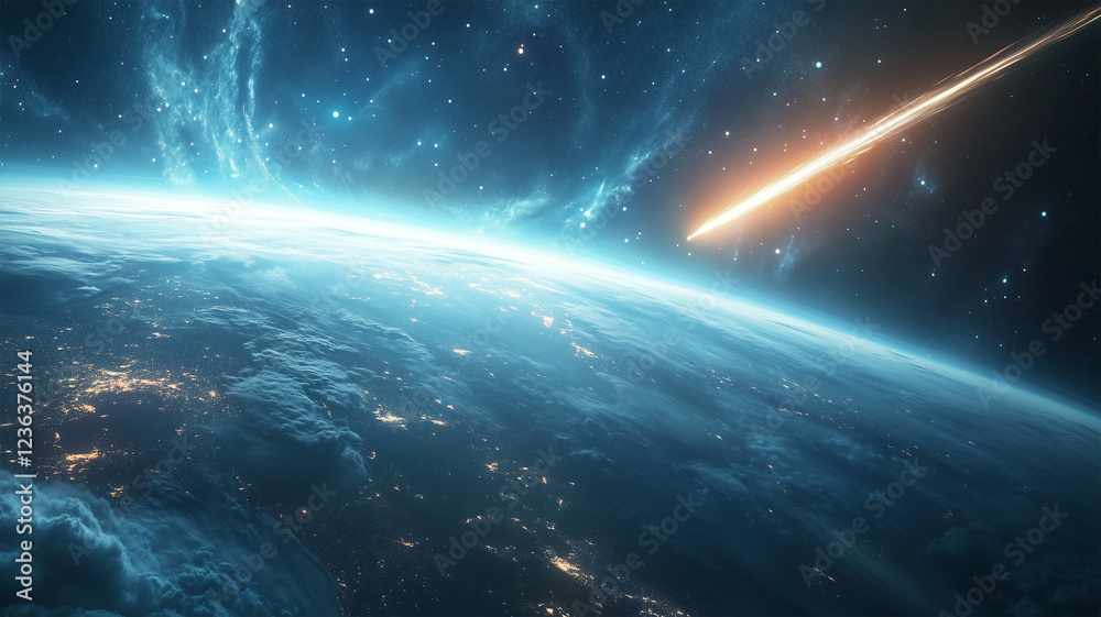 Obraz premium 地球の大気圏を駆け抜ける流れ星と光の軌跡