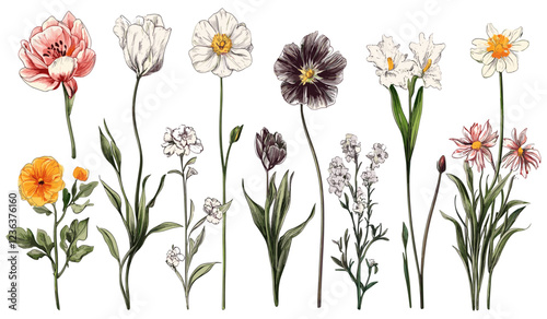 Colorful and fresh spring garden flowers set, perfect for adding natural charm and seasonal beauty to your home, bringing the spirit of spring indoors.