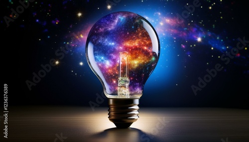 lightbulb filled with vibrant galaxy showcasing stars and planets