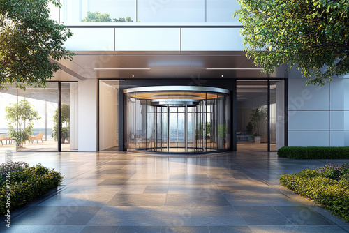 Luxury corporate building lobby with modern glass revolving door and elegant interior design