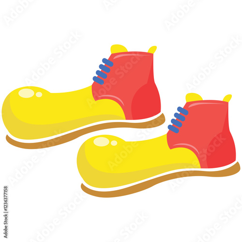 Oversized yellow red clown shoes with blue laces for playful, circusthemed designs, childrens party invitations, or comedic illustrations.