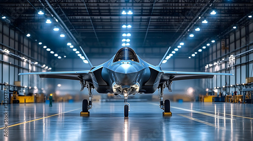 F-35 Lightning II jet, A sleek military aircraft poised in a modern hangar, showcasing advanced design and technology in aerospace engineering.