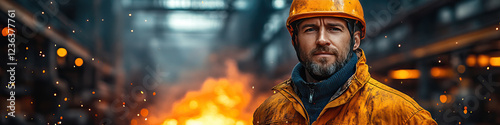 Caucasian male industrial worker in safety gear at steel factory photo