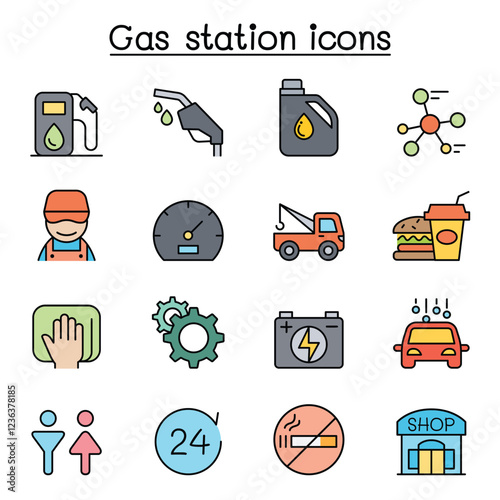 Gas station icon set in thin line style