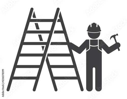 worker with ladder stair and hammer icon