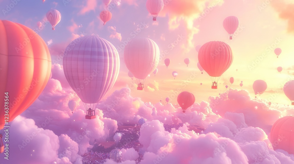 Fototapeta premium A festival filled with vibrant hot air balloons, rising gracefully into a pastel-toned sunset sky, creating a dreamy scene