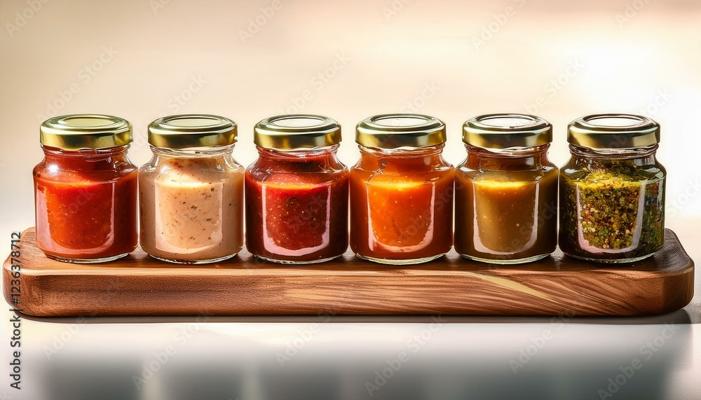 row of glass jars filled with various sauces sitting on a wooden tray row of glass jars filled with various sauces sitting on a wooden tray