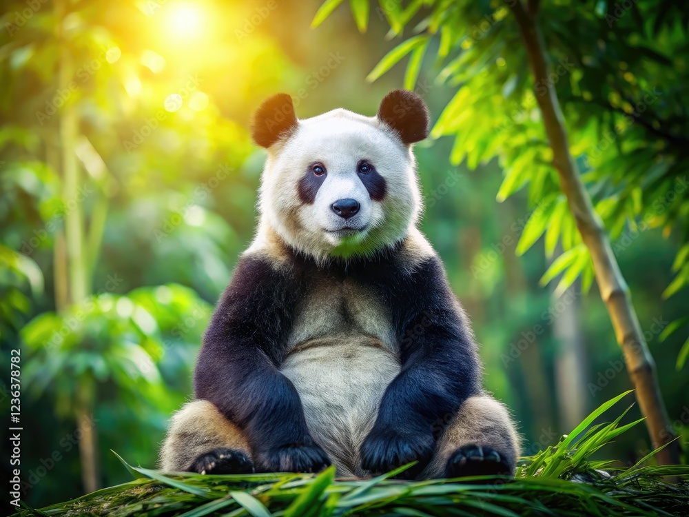 Obraz premium Serene giant panda, close-up, in peaceful meditation; a wildlife zen moment captured.
