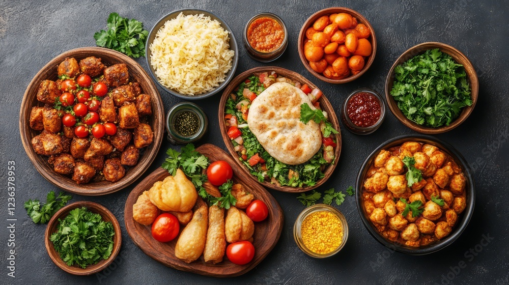 A Vibrant Spread Of Indian Dishes, Featuring Various Curries, Rice, And Flavorful Sides. A Vibrant Spread Of Indian Dishes, Featuring Various Curries, Rice, And Flavorful Sides.
