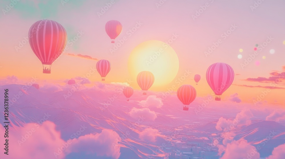 Obraz premium A magical hot air balloon festival scene with colorful balloons drifting into a pastel sunset horizon