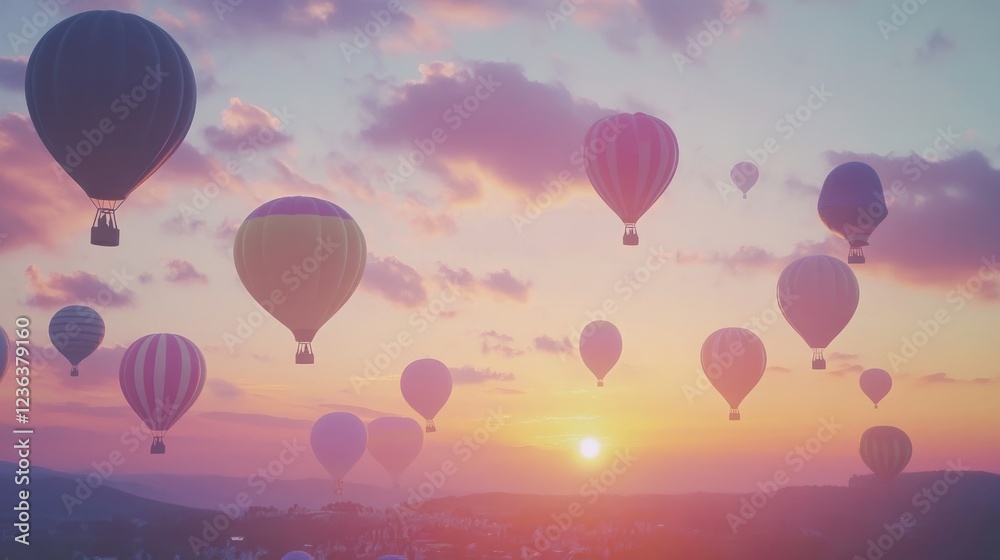 A scenic hot air balloon festival scene with colorful balloons decorating a pastel-toned sunset horizon