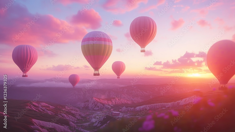 Fototapeta premium A serene hot air balloon festival scene with colorful balloons drifting upward into a tranquil pastel sunset