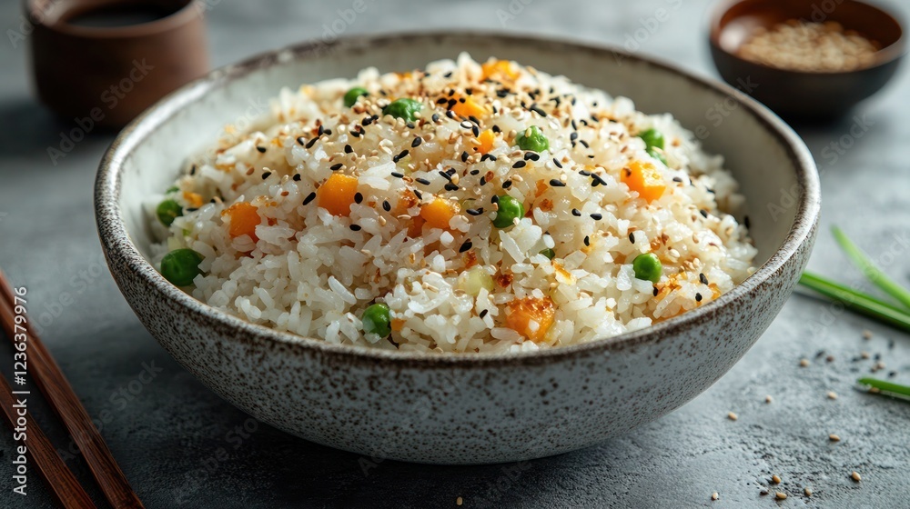 Classic Chinese Fried Rice, A golden-brown fried rice with soy sauce, egg, green peas, diced carrots, and spring onions, garnished with sesame seeds Classic Chinese Fried Rice, A golden-brown fried rice with soy sauce, egg, green peas, diced carrots, and spring onions, garnished with sesame seeds