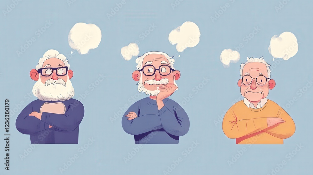Three Cartoon Elders with Thought Bubbles in Various Expressions Three Cartoon Elders with Thought Bubbles in Various Expressions